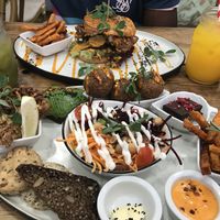 Cauliflower burger and love platter with juices. at The Organic Boho in Copenhagen