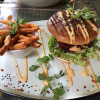 Sweet potato fries and tempeh burger at The Organic Boho in Copenhagen