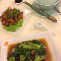 Gluten in coconut water (sounds weird, tastes delicious) and pak choi with black mushrooms. at Loving Hut - Hoa Dang in Ho Chi Minh City