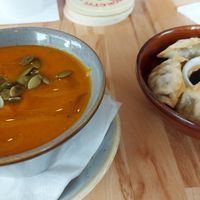 Pumpkin soup and vegetable gyoza at The Lighthouse in Oxford