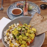 Mango ceviche with carrots red onios cilantro and apple. 
Rice roll with veggies at Pezetarian in Cartagena