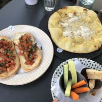 Starters: bruschetta, garlic bread with vegan mozzarella and kids breadsticks/cucumber/carrot dipping sticks at ASK Italian in Lichfield
