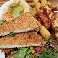 Schnitzel platter at Chickpea Restaurant in Vancouver