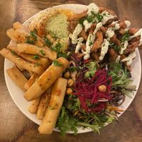 Platter with calamachick  at Chickpea Restaurant in Vancouver