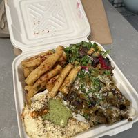 Shawarma platter - soy curls a bit burnt  at Chickpea Restaurant in Vancouver