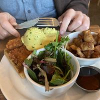 “Chikn and waffle with vegan egg and hollandaise   at Chickpea Restaurant in Vancouver