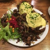 Latkes benechick with chicksteak at Chickpea Restaurant in Vancouver