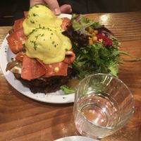 Latkes benechick with bacon at Chickpea Restaurant in Vancouver