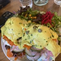 Lox and latke breakfast   at Chickpea Restaurant in Vancouver