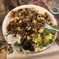 Breakfast Platter with tofu scramble and truffled n’oyster, add avacado (more than half eaten)  at Chickpea Restaurant in Vancouver