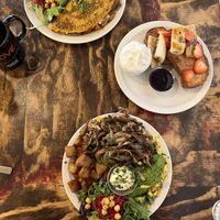 Breakfast platter with omelette and sausage main, Kids french toast, Breakfast Platter with tofu scramble and truffled n’oyster main, add avacado  at Chickpea Restaurant in Vancouver