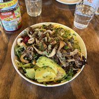 Salad and rice bowl with oyster mushroom, add avocado   at Chickpea Restaurant in Vancouver