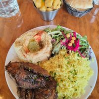 Lionsmane mushroom steak rice platter at Chickpea Restaurant in Vancouver