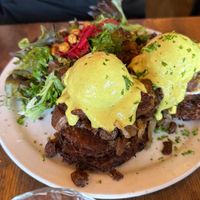 Latkes Benechick with Tofu Egg and side salad at Chickpea Restaurant in Vancouver