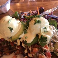 Avo Latkas (potato pancakes) on all day brunch menu.  at Chickpea Restaurant in Vancouver