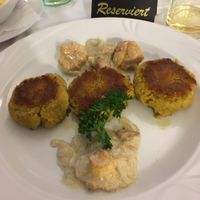 Main course: couscous patties with chanterelle mushrooms in a cream sauce.... this dish comes with potatoes that are served separately. at Sembries in Speyer