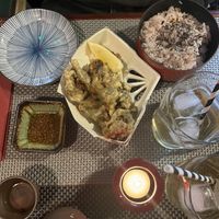 Mushroom tempura and Japanese mixed grain rice   at Itadakizen in Shrewsbury