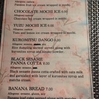Dessert menu at Itadakizen in Shrewsbury