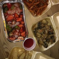 salt and pepper sweet potato fries, stir fried veg with cantonese sauce, fried baby corn with dipping sauce, salt and pepper mushrooms at To Be Vegetarian Blackburn in Blackburn