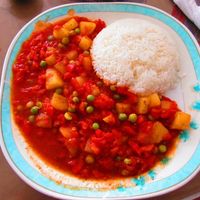 Indian Alu-Matar-Tamatar with Rice at Govinda in Chiclayo