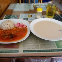 Cauliflower with tomato sauce and rice + peanut soup at Govinda in Chiclayo