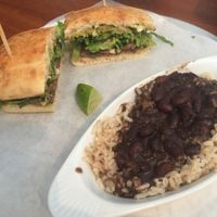 Shroom sandwich with a side of rice and black beans at Mex 1 Coastal Cantina in Sullivans Island