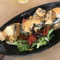 Vegetable tempura sushi with mushroom sauce at La Bartola in Sevilla