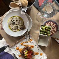 hummus tapa and thai red rice tapa  at La Bartola in Sevilla
