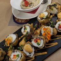 Vegan tempura sushi and truffle hummus. at La Bartola in Sevilla