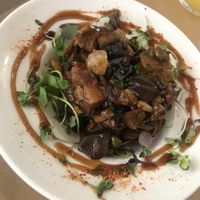 Cooked salad with eggplant, tomato, olives at La Bartola in Sevilla
