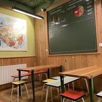 Weird classroom decor at Velicious Burger in Strasbourg