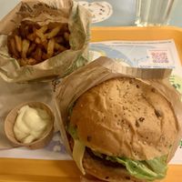 Spicy burger and crispy fries on the side. The Vegenaise was amazing!  at Velicious Burger in Strasbourg