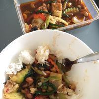 tofu cashew nut & vegetables, served with rice. vegan at Thai Container in Christchurch