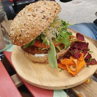 Vegan burger (red rice patty) at Almalibre Acai Bar in Barcelona