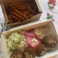 Falafel salad and sweet potato fries at Fari's in Ljubljana