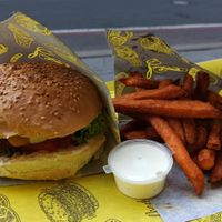 Vegan cheeseburger, sweet potato fries, vegan mayo at Fari's in Ljubljana
