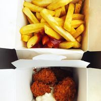 Vegan nuggets with vegan mayo and french fries with ketchup.  at Fari's in Ljubljana