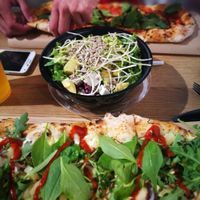 two vegan pizzas and a salad to balance out the carbs at Pizzatopia in Krakow