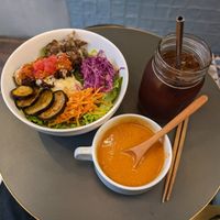 Falafel Bowl, tomato soup and iced coffee at Ballon in Tokyo