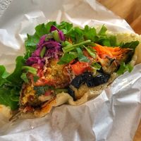 Inside the yummy falafel sandwich  at Ballon in Tokyo