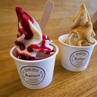 Raspberry soft serve, Kinako soft serve at Ballon in Tokyo