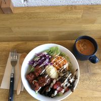Falafel salad bowl with the tomato soup set at Ballon in Tokyo