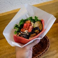 Regular falafel sandwich with seasonal beetroot pita bread (in March 2019) at Ballon in Tokyo
