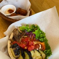 This sandwich is very healthy and delicious! I ordered a large Pita which includes various kinds veggies and the several croquette balls are in it ! That made me very satisfied. at Ballon in Tokyo