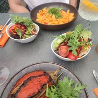 filled aubergine and salmonpasta my boyfriend had at Nova Essen & Trinken in Kempten