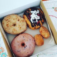 Vegan donuts: lavender, peanut butter, filled with raspberry and blueberry jam, cinnamon balls. at Donut Shop in Prague