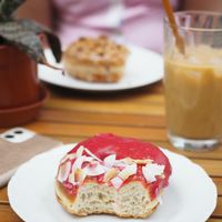 Vegan coconut raspberry donut at Donut Shop in Prague