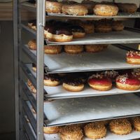 You can see the produce of the donuts at Donut Shop in Prague