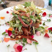 Green bean salad with roasted red onion, Majorcan apricot, sundried
tomato, almond and aioli with oranges from Sóller  at Cal Reiet's Table in Mallorca