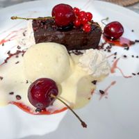 Sweet potato brownie with glazed cherries from Mallorca  at Cal Reiet's Table in Mallorca